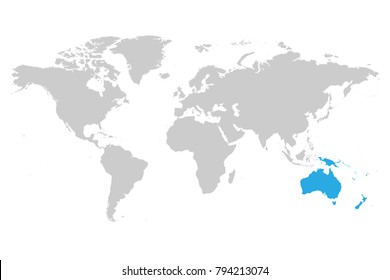 Australia continent blue marked in grey silhouette of World map. Simple flat vector illustration.