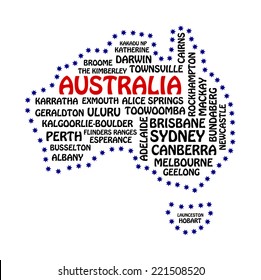 Australia continent city map tag cloud concept print. Australian cities word collage text pattern, black vector art image illustration isolated on white background 