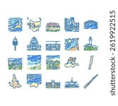 Australia Continent Landscape doodle icons set vector. Australia Flag Didgeridoo National Musician Instrument, Tasmania Kangaroo Animal, Fraser Whitsunday Island  sketch hand drawn