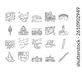 Australia Continent Landscape Icons Set Vector. Australia Flag And Didgeridoo National Musician Instrument, Tasmania And Kangaroo Animal, Fraser And Whitsunday Island Black Contour Illustrations