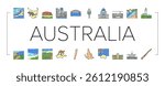 Australia Continent Landscape Icons Set Vector. Australia Flag And Didgeridoo National Musician Instrument, Tasmania And Kangaroo Animal, Fraser And Whitsunday Island Color Illustrations