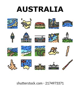 Australia Continent Landscape Icons Set Vector. Australia Flag And Didgeridoo National Musician Instrument, Tasmania And Kangaroo Animal, Fraser And Whitsunday Island Color Illustrations