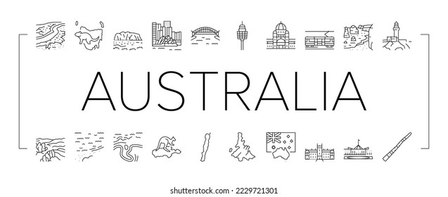 El Vector Set de Iconos Paisajísticos del Continente de Australia. Bandera De Australia Y Instrumento Musical Nacional Didgeridoo, Animal De Tasmania Y Canguro, Ilustraciones De Contorno Negro De Isla Fraser Y Whitsunday