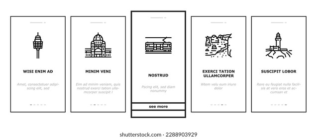 Australia Continent Landscape onboarding mobile vector. Australia Flag And Didgeridoo National Musician Instrument, Tasmania And Kangaroo Animal, Fraser And Whitsunday Island Color Illustrations