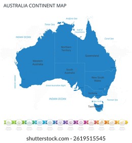 Mapa do Continente da Austrália - Mapa infográfico detalhado com regiões e cidades do país. Ilustração vetorial EPS10.