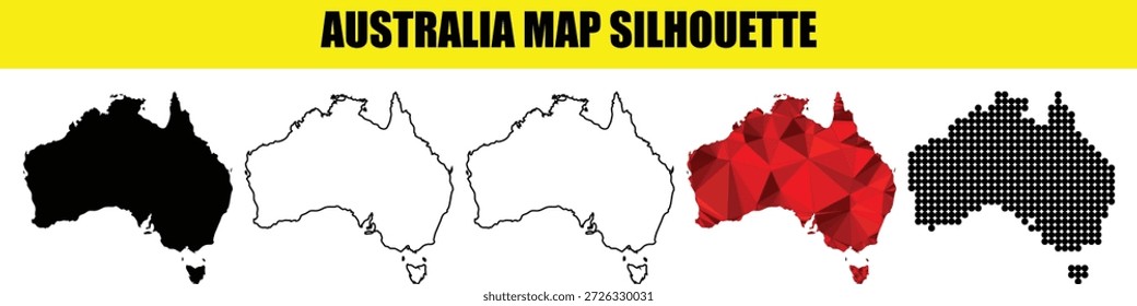 Australien Kontinent Form Sammlung: gefülltes Schwarz-, Weiß-, Umriss-, Polygon- und Punktmuster. Vielseitige Kartengrafikelemente.