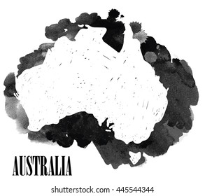 
Australia. The contour of the country. Vector image of the hand on the background of watercolor stains . Conceptual drawing in grunge style .