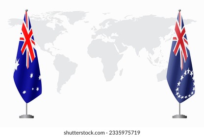 Australia and Cook Islands flags for official meeting against background of world map.