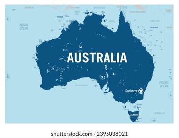 Australia country basic contour political map. Detailed vector illustration with islands.