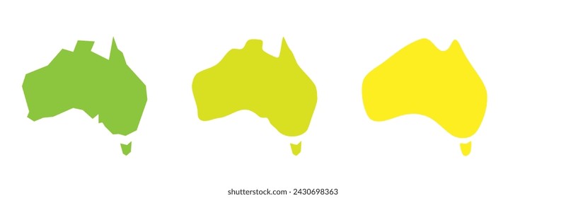 Australien Land schwarze Umrisse und farbige Land Silhouetten in drei verschiedenen Ebenen der Glätte. Vereinfachte Karten. Vektorsymbole auf weißem Hintergrund isoliert.