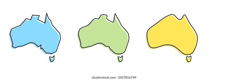 Australia country black outline and colored country silhouettes in three different levels of smoothness. Simplified maps. Vector icons isolated on white background.