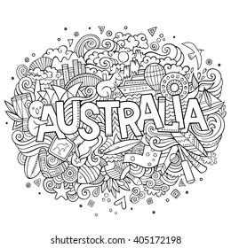 Australia country hand lettering and doodles elements and symbols background. Vector hand drawn sketchy illustration