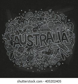 Australia country hand lettering and doodles elements and symbols background. Vector hand drawn chalk board illustration