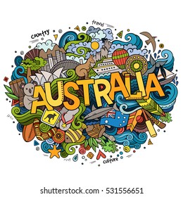 Australia country hand lettering and doodles elements and symbols background. Vector hand drawn sketchy illustration