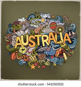 Australia country hand lettering and doodles elements and symbols background. Vector hand drawn sketchy illustration