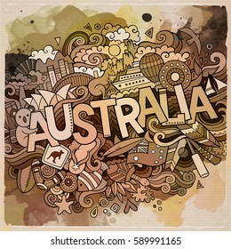 Australia country hand lettering and doodles elements and symbols background. Vector hand drawn watercolor illustration