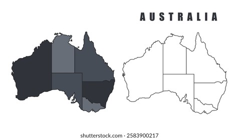 Australia country map black flat outline vector illustration set