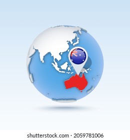 Australia - country map and flag located on globe, world map. 3D Vector illustration