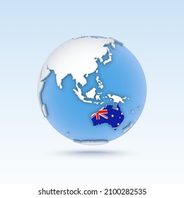 Australia - country map and flag located on globe, world map. 3D Vector illustration