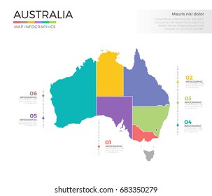 Australia country map infographic colored vector template with regions and pointer marks