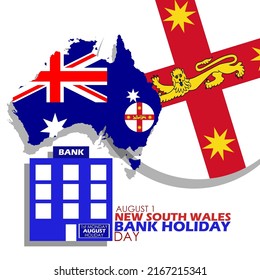 Australia country map with symbols of the state flag of new south wales and illustration of a bank building on holiday with bold text on white background, New South Wales Bank Holiday August 1