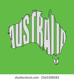 Australia country name inside map with green background, minimalist maps, vector artwork