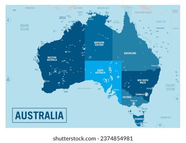 Australia country political map. Detailed vector illustration with isolated provinces, departments, regions, cities, islands and states easy to ungroup.