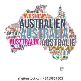 Australia country shape word cloud. Typography style country illustration. Australia image in text cloud style. Vector illustration.