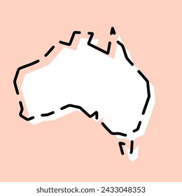 Australien vereinfachte Landkarte. Weiße Silhouette mit schwarzer gebrochener Kontur auf rosa Hintergrund. Einfaches Vektorsymbol