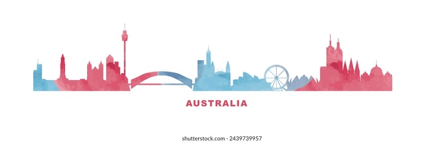 Australia country skyline with cities panorama. Vector flat watercolor banner, logo. Sydney, Melbourne, Brisbane silhouette for footer, steamer, header. Isolated graphic