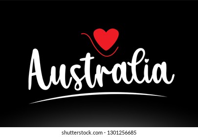 Australia country text with red love heart on black background suitable for a logo icon or typography design