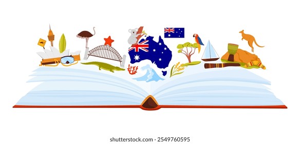 A cultura e arquitetura marcos da Austrália, estudo da língua no fundo da colagem infográfica. Abra grande livro de papel e casa de ópera de Sydney, animais australianos, mapa e bandeira ilustração de vetor de desenhos animados