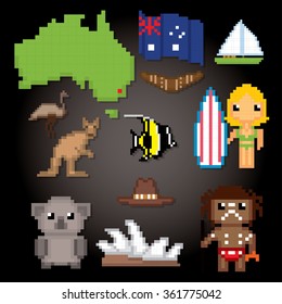 Australia culture symbols icons set. Pixel art. Old school computer graphic style.