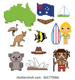 Australia culture symbols icons set. Pixel art. Old school computer graphic style.