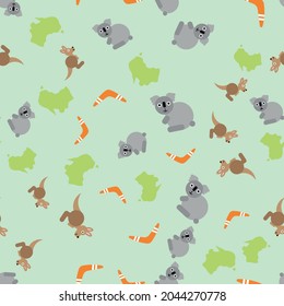 Australia - cute children theme with cartoon koala, kangaroo, boomerang and australian land silhouette. Seamless background pattern. Vector illustration.