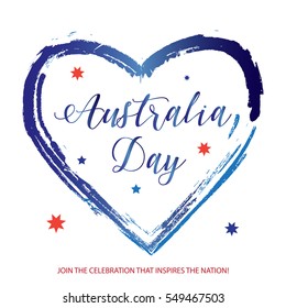 Australia day 26 January Calligraphy Text poster with heart shape, stars on white background. Greeting card design. Vector illustration. Australian flag color. Patriotic sign, wallpaper. Brash drawing