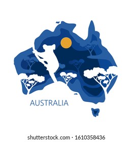 AUSTRALIA day 26 January. Decorative 3d paper cut map of Australia continent with kinguru silhouettes and trees. Vector illustration EPS 10