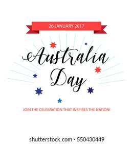 Australia day 26 January inscription poster with stars, red ribbon, sunburst on white background. Greeting card design. Vector illustration.