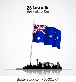 Australia Day. 26 January. National Flags with Sydney Skyline. Architecture silhouette. Postcard Design for card, flyer, banner