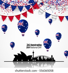 Australia Day. 26 January. National Flag Colors Air Balloons, Buntings, Confetti with Sydney Skyline.Architecture silhouette. Postcard Design for card, flyer, banner