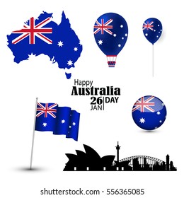 Australia Day. 26 January. National Flags with Sydney Skyline.Architecture silhouette. Postcard Design for card, flyer, banner