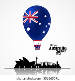 Australia Day. 26 January. National Flag on Air Balloon with Sydney Skyline. Architecture silhouette. Postcard Design for card, flyer, banner