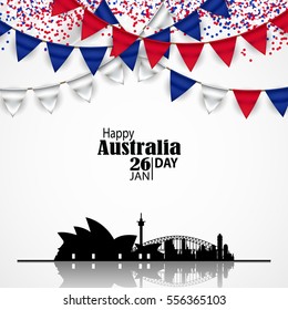 Australischer Tag. 26. Januar. National Flag Buntings, Confetti mit Sydney Skyline.Architecture Silhouette. Postcard Design für Karte, Flyer, Banner