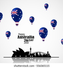 Australia Day. 26 January. National Flag on Air Balloon with Sydney Skyline. Architecture silhouette. Postcard Design for card, flyer, banner