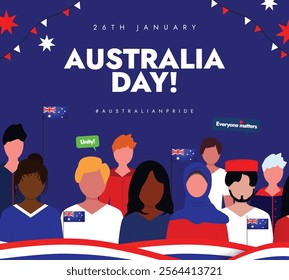 Australia Day. 26th January Australia Day celebration post for social media with Australian People of different ethnicity with Australian Flag. Vector stock illustration 