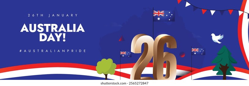 Australia Day, 26th January. Australia day celebration cover banner with its flags, abstract modern Art. The day is celebrated to acknowledge Australian history.