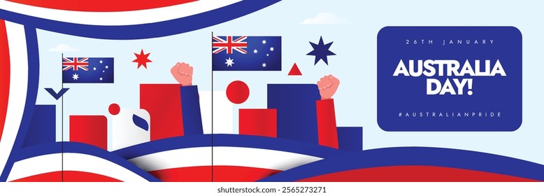 Australia Day. 26th January Australia day celebration cover banner with its flags, abstract art elements in flag colours, hand fits in air. The day is celebrated to acknowledge Australian history.