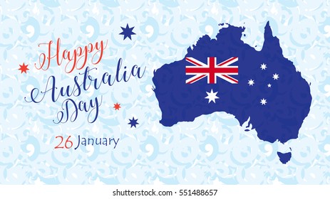 Australia day 26th January lettering poster with Australia map and Australian flag on abstract blue background. Greeting card design. Festive Vector illustration. Happy Australia Holiday calligraphy