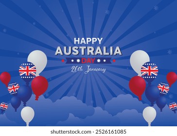 Día de Australia, 26 de enero Día Nacional de Australia marcado por un telón de fondo con la bandera australiana y letras refinadas con estrellas y globos.