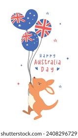 Australia day baby kangaroo cartoon animal with balloons flag, Aussie animal wildlife hand drawing